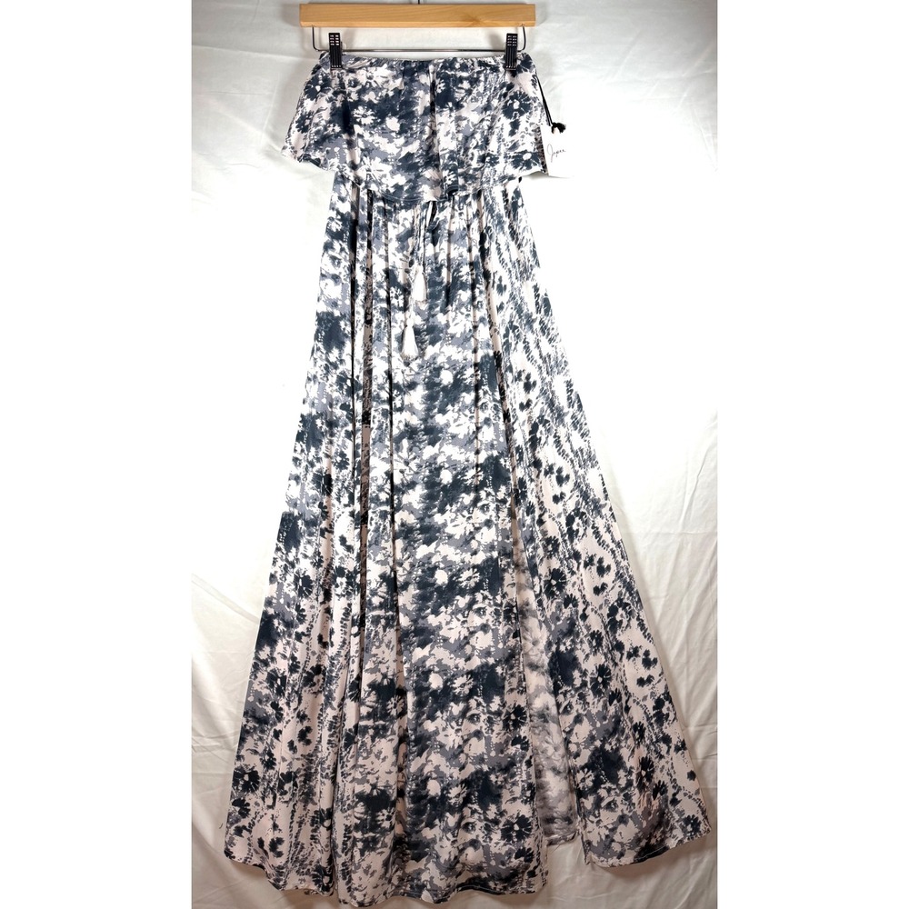 Japna Strapless Maxi Dress Blue White Tie Dye Floral Tassel Drawstring NWT boho‎